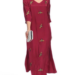 Burgundy Polyester Embroidered V Neck 3/4 Sleeve Midi Dress