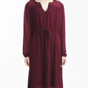 Burgundy Printed V Neck Balloon Sleeve H-line Midi Dress