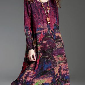 Burgundy Printed Vintage H-line Midi Dress