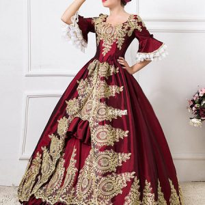 Burgundy Retro Costume Rococo Ruffles Bell Half Sleeve Print Ball Gown Dress Halloween