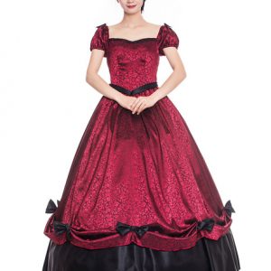 Burgundy Retro Costumes Ruffle Bows Two Tone Satin Pageant Victorian Style Women Vintage Clothing Halloween