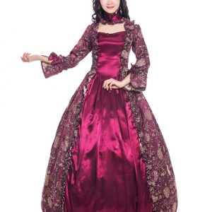 Burgundy Retro Costumes Women Floral Print Matte Satin Victorian Style Vintage Clothing Halloween