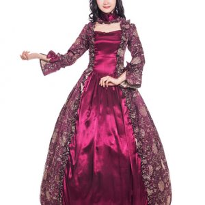 Burgundy Retro Costumes Women Floral Print Matte Satin Victorian Style Vintage Clothing Halloween