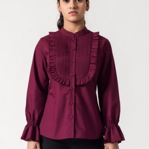 Burgundy Ruffled Cotton Plain Basic Blouse