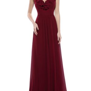 Burgundy Ruffled Sleeveless Plunging Neck Evening Dress