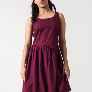 Burgundy Scoop Neckline Folds Plain Elegant Midi Dress