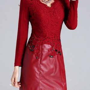 Burgundy Sheath V Neck Floral Elegant Mini Dress