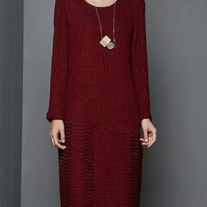 Burgundy Shift Plain Long Sleeve Ribbed Midi Dress