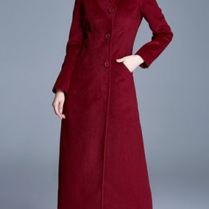 Burgundy Single Breasted Long Sleeve Pockets Plain Coat