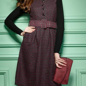 Burgundy Sleeveless Printed Stand Collar Midi Dress with Belt