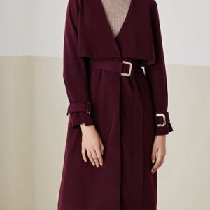 Burgundy Solid A-line Surplice Neck Casual Trench Coat with Belt