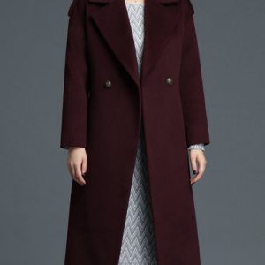 Burgundy Solid Lapel Casual Wool Blend Coat with Belt