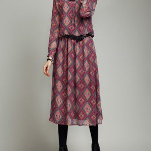 Burgundy Stand Collar Tribal Long Sleeve Midi Dress