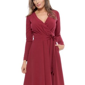 Burgundy Surplice Neck Elegant Bow-tied Wrap Dress