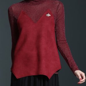 Burgundy Turtleneck Casual Glitter-finished Long Sleeved Top