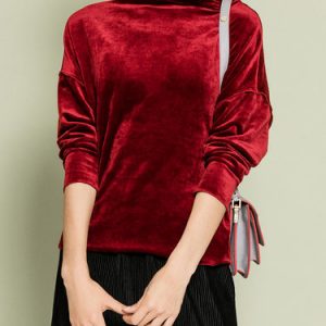 Burgundy Turtleneck H-line Plain Velvet Long Sleeved Top