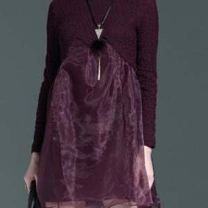 Burgundy Turtleneck Long Sleeve Organza Paneled Mini Dress