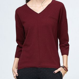 Burgundy V Neck 3/4 Sleeve Long Sleeved Top