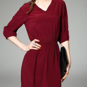 Burgundy V Neck Half Sleeve Mini Dress