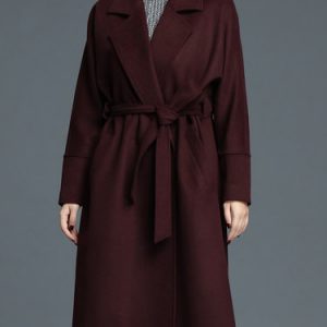 Burgundy Wool Blend Long Sleeve A-line Coat with Belt