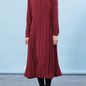 Burgundy Woven Solid Pleated Casual Midi Dress