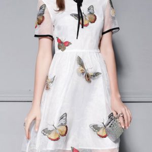 Butterflies Embroidered Short Sleeve Organza Midi Dress