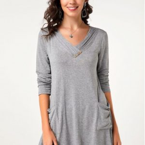 Button Decorated Long Sleeve Asymmetric Hem T Shirt - 14