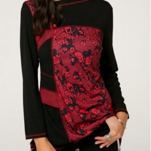 Button Detail Flower Print Long Sleeve T Shirt - L