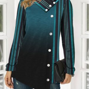 Button Detail Long Sleeve Stripe Print T Shirt - L