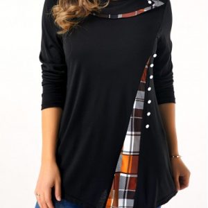 Button Detail Plaid Print Long Sleeve T Shirt - M