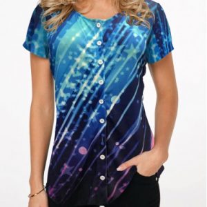 Button Up Dazzle Color Short Sleeve T Shirt - L