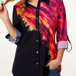 Button Up Scenery Print Turndown Collar Shirt - L