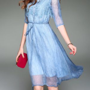 Buttoned A-line Guipure Lace Half Sleeve Silk Midi Dress