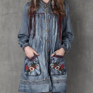 Buttoned Embroidered Resort Long Sleeve Denim Coat