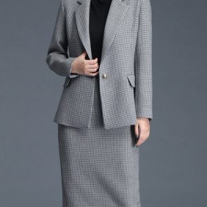 Buttoned Formal Long Sleeve Houndstooth Two Piece Midi Dress