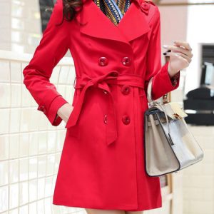 Buttoned Lapel Casual A-line Long Sleeve Trench Coat with Belt