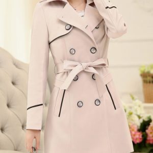 Buttoned Lapel Long Sleeve Solid Trench Coat with Belt