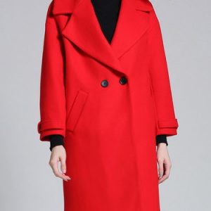 Buttoned Lapel Wool Blend H-line Elegant Solid Coat