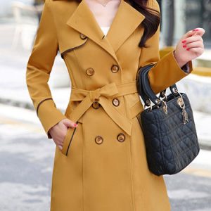 Buttoned Long Sleeve Lapel A-line Casual Trench Coat with Belt