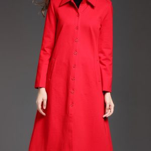 Buttoned Shirt Collar Solid Long Sleeve A-line Coat