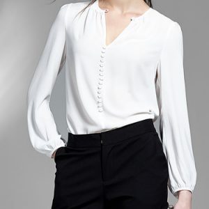 Buttoned Work Long Sleeve Plain V Neck Blouse