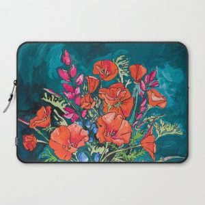 California Poppy and Wildflower Bouquet on Emerald with Tigers Still Life Painting Computer Cover by Lara Lee Meintjes - Laptop Sleeve - 15"