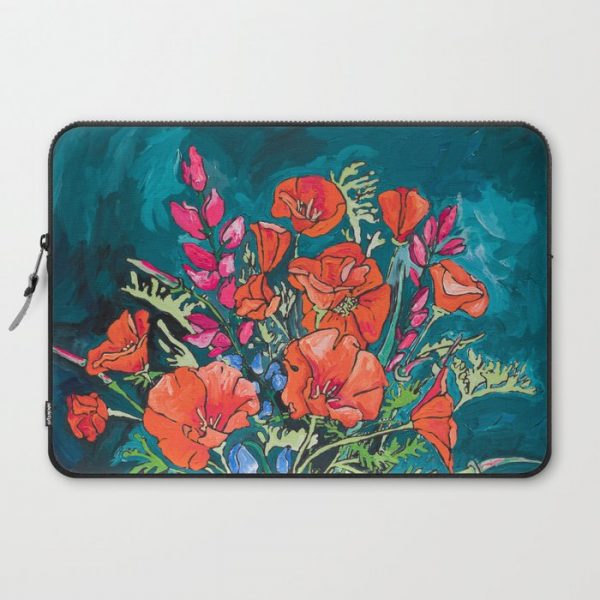 California Poppy and Wildflower Bouquet on Emerald with Tigers Still Life Painting Computer Cover by Lara Lee Meintjes - Laptop Sleeve - 15"