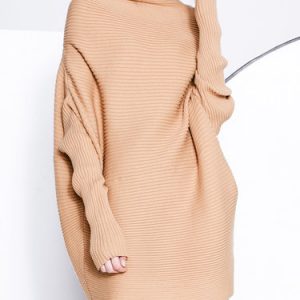 Camel Batwing Turtleneck Sweater Dress