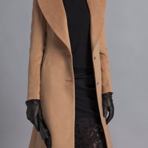 Camel Buttoned Plain Long Sleeve Coat