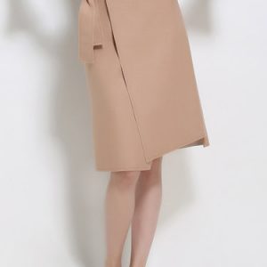 Camel Elegant Asymmetric Slit Solid Midi Skirt