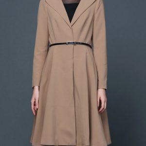 Camel Lapel Long Sleeve A-line Solid Coat