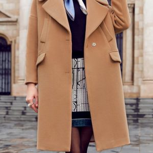 Camel Long Sleeve Simle Lapel Plain H-line Coat