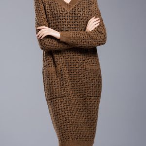 Camel Shift V Neck Casual Jacquard Sweater Dress