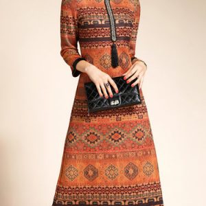 Camel Vintage Printed A-line Midi Dress